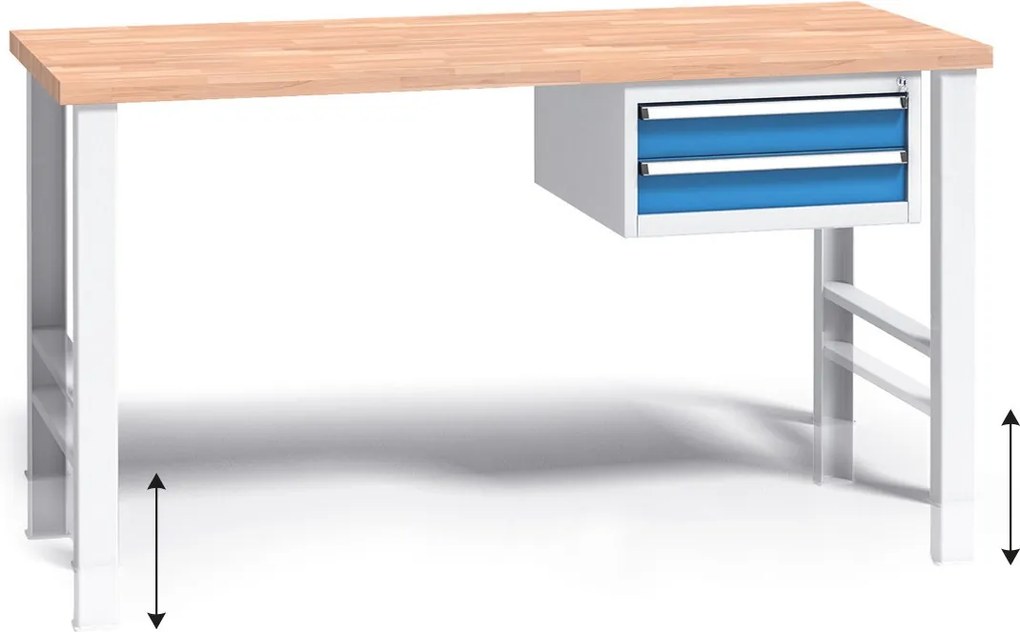 Stół warsztatowy z regulacją wysokości G3, 1500 x 685 x 840-1050 mm, 1x 2 szufladowy kontener, niebieski