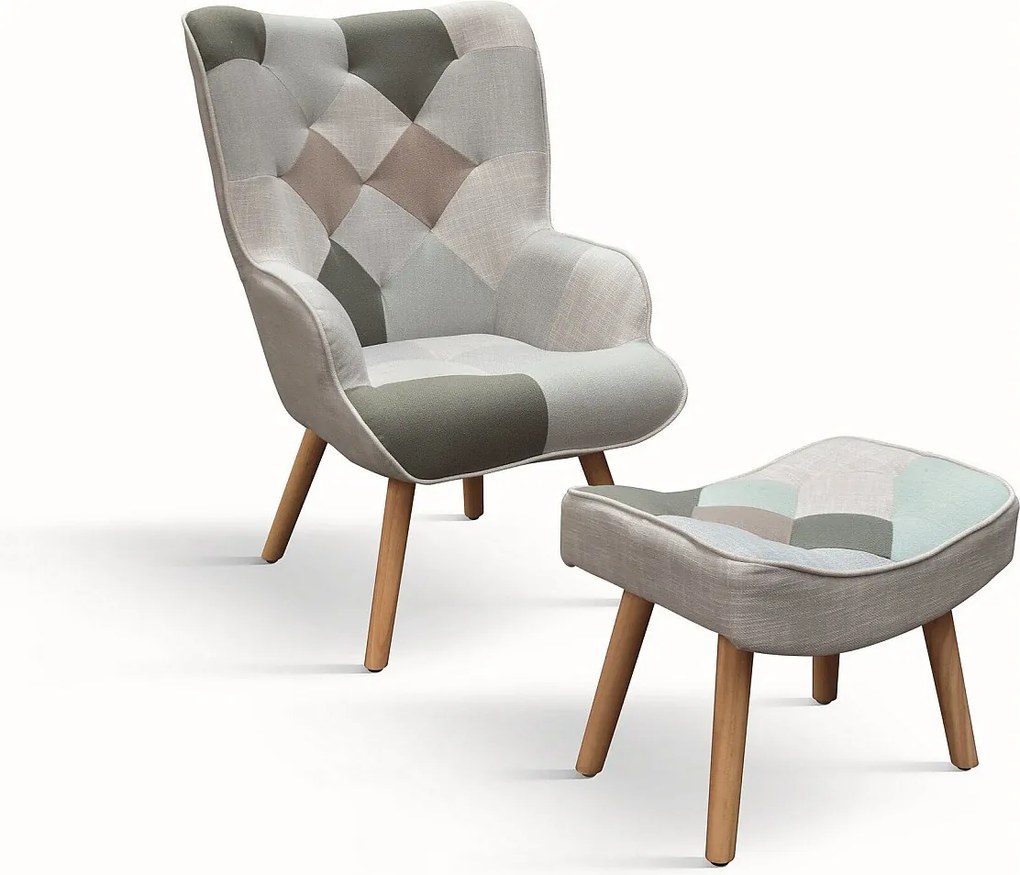 Wielokolorowy materiałowy fotel z podnóżkiem - HAVANA