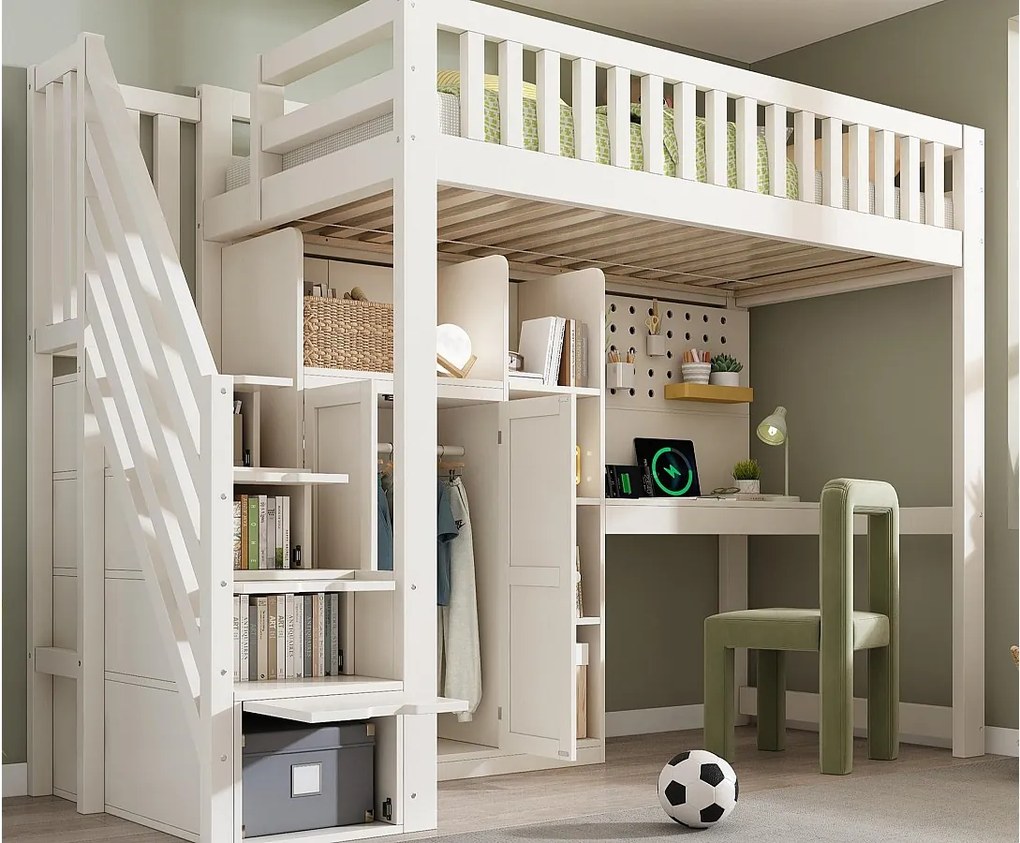 Łóżko na antresoli 90x200 cm - drabina z miejscem do przechowywania - z biurkiem, szafą i otwartymi półkami - z interfejsem USB - Biały​ (bez materaca)