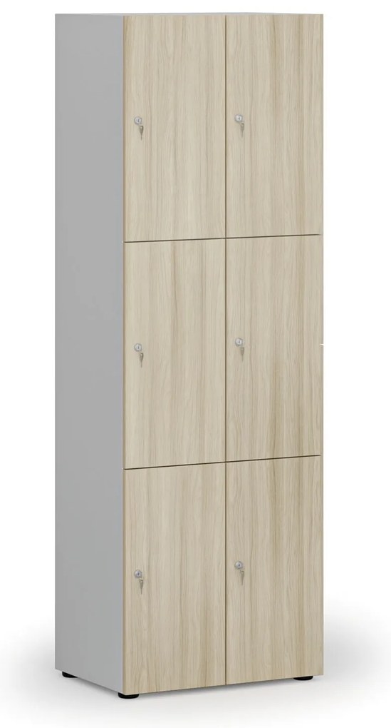 Drewniana szafka skrytkowa S4, 6 schowków, demontaż, zamek cylindryczny, szary/dąb naturalny