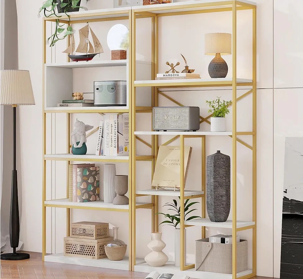 Nowoczesna półka 160x29,5x180 cm - Półki na kilku poziomach - Konstrukcja z rur stalowych i MDF - Kształt prostokątny - Złoty i biały