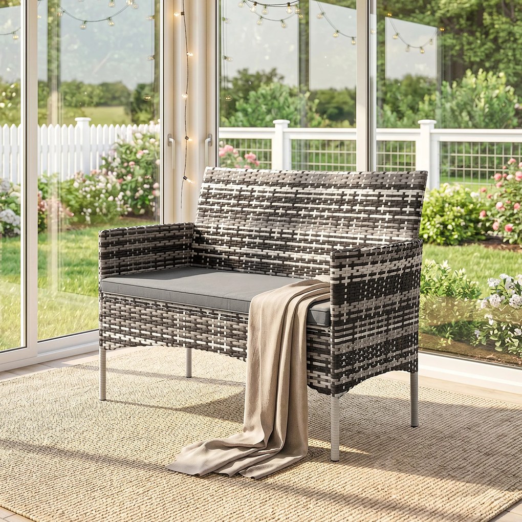Outsunny 2-osobowa sofa rattanowa na taras z poduszką, antypoślizgowe maty, stalowa rama, jasnoszara | Aosom PL