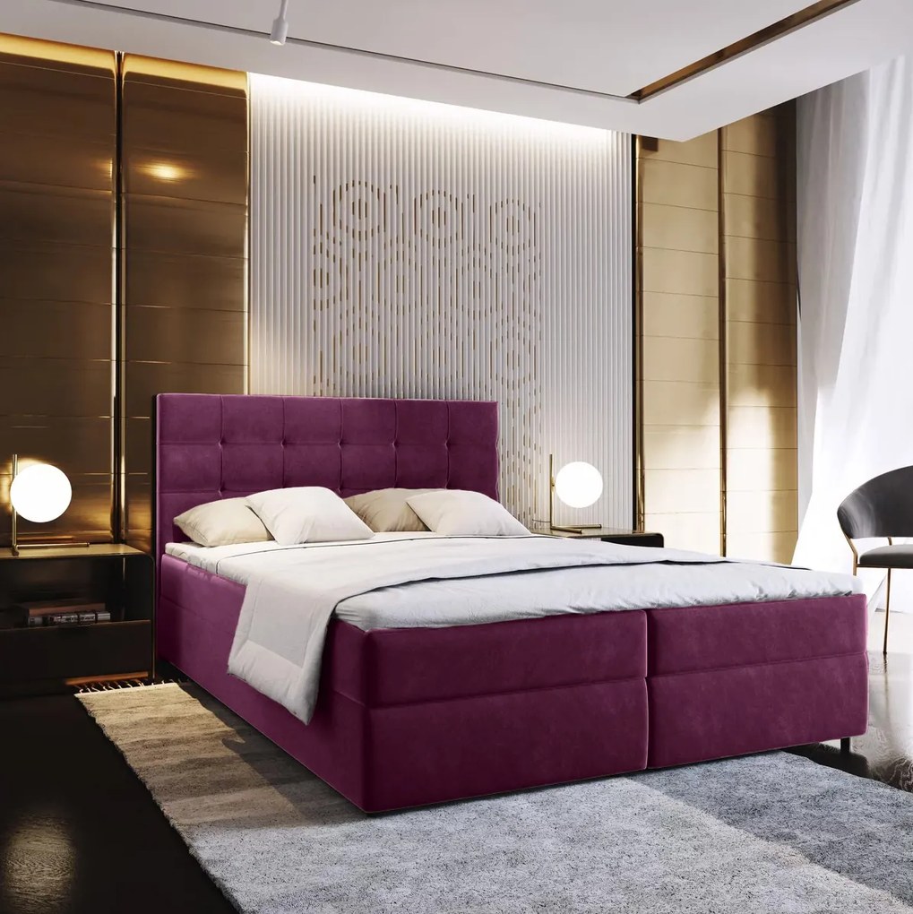 Wyprzedaż Łóżko tapicerowane boxspring GLORIEN 140x200 cm purpurowe II. jakość
