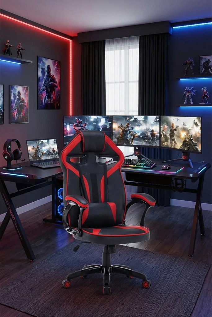 Czarno-czerwone tapicerowane krzesło gamingowe B7-G16