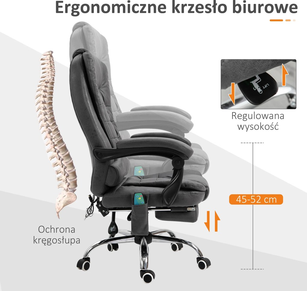 Vinsetto Fotel biurowy ergonomiczny z funkcją masażu masażer szary 65x160x104 cm | Aosom PL