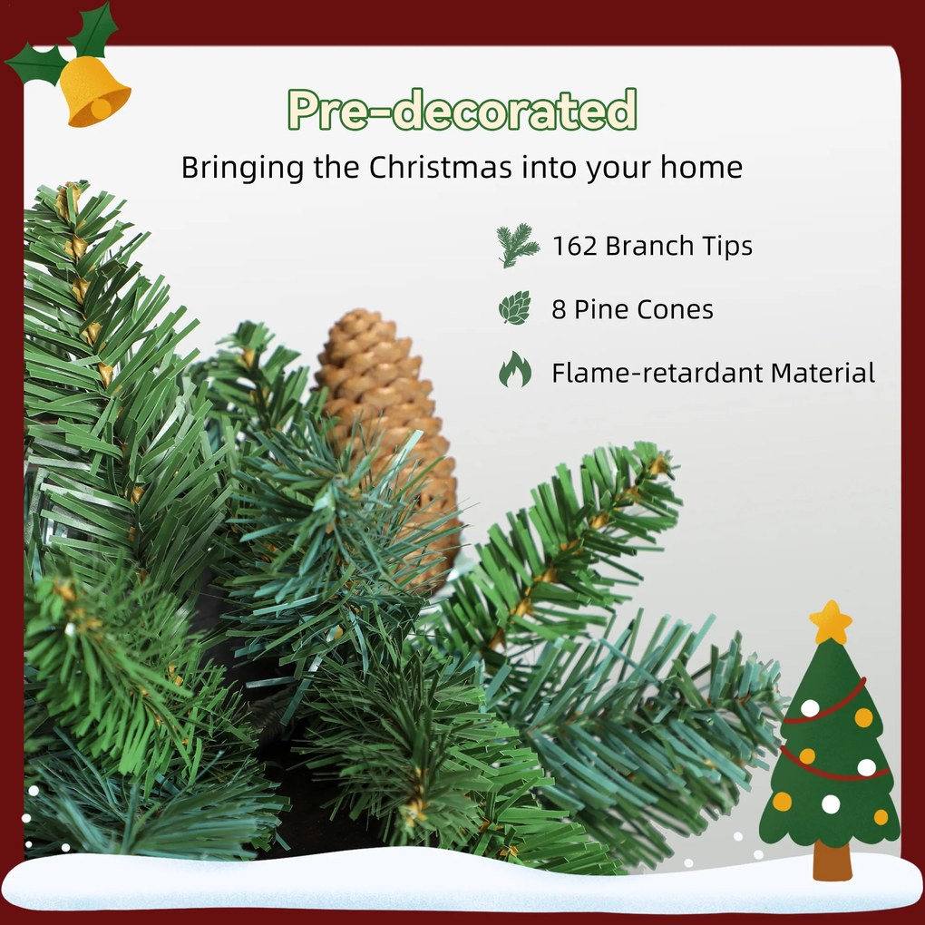 HOMCOM 1,8 m sztuczna girlanda świąteczna dekoracja z 162 końcówkami, 8 szyszkami, zielona | Aosom PL