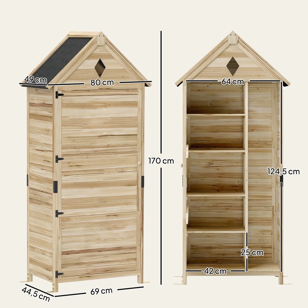 Outsunny Schowek Ogrodowy z 4 Półkami, Drewniany Schowek na Narzędzia, Wodoodporny Dach z Asfaltu, 80 x 49 x 170 cm, Jasnobrązowy