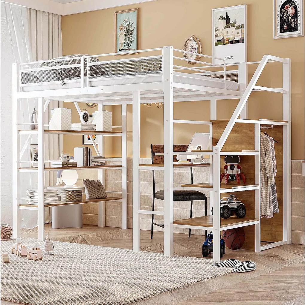 Łóżko piętrowe dla dzieci - 140 x 200cm - z biurkiem + szafą + schodkami ze schowkiem - metalowe - białe