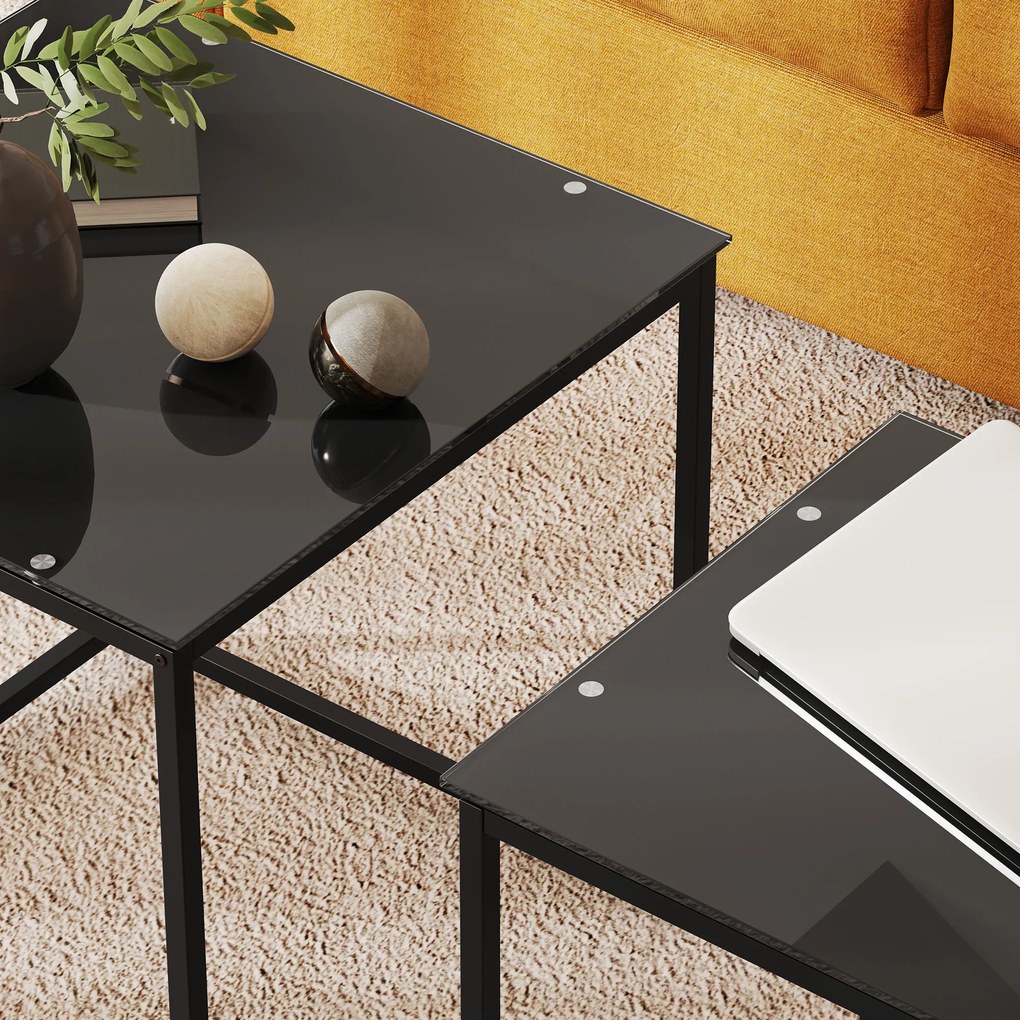 HOMCOM Zestaw 2 stolików pomocniczych, nowoczesny design, układane, stolik ze szkła, czarny
