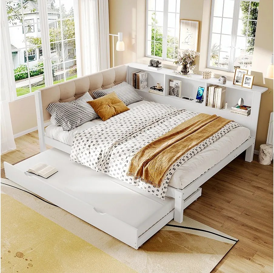 Łóżko wysuwane 140 x 200 cm - Łóżko podwójne z oświetleniem LED i schowkiem - białe drewno - materac nie jest wliczony w cenę