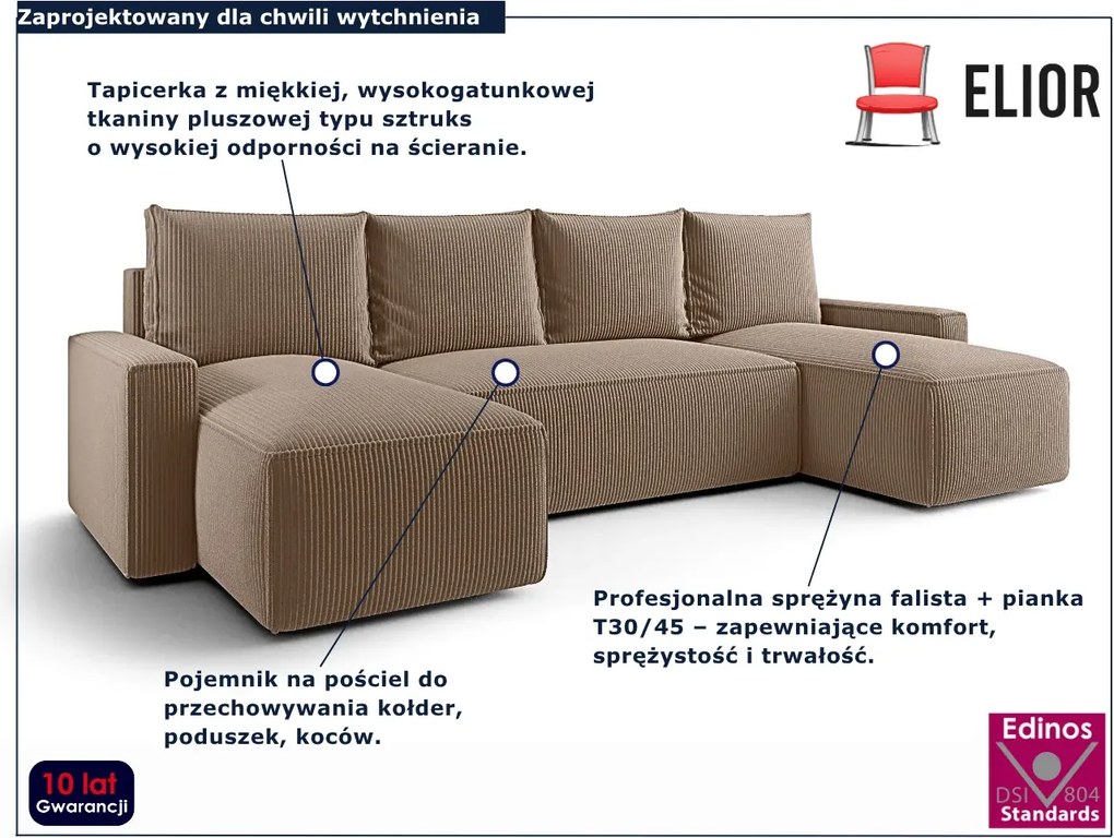 Beżowy sztruksowy narożnik rozkładany z pojemnikiem W6-N88