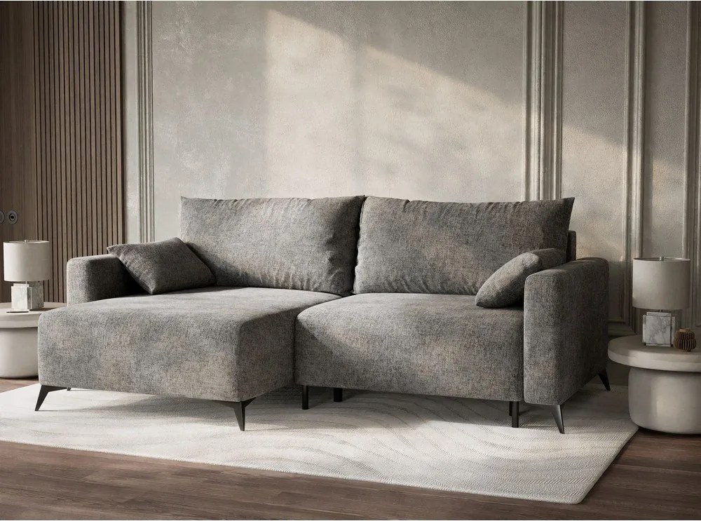 Szary rozkładany narożnik ze schowkiem z tkaniny szenilowej (lewostronny/z szezlongiem) Leon – Maison de Rêve