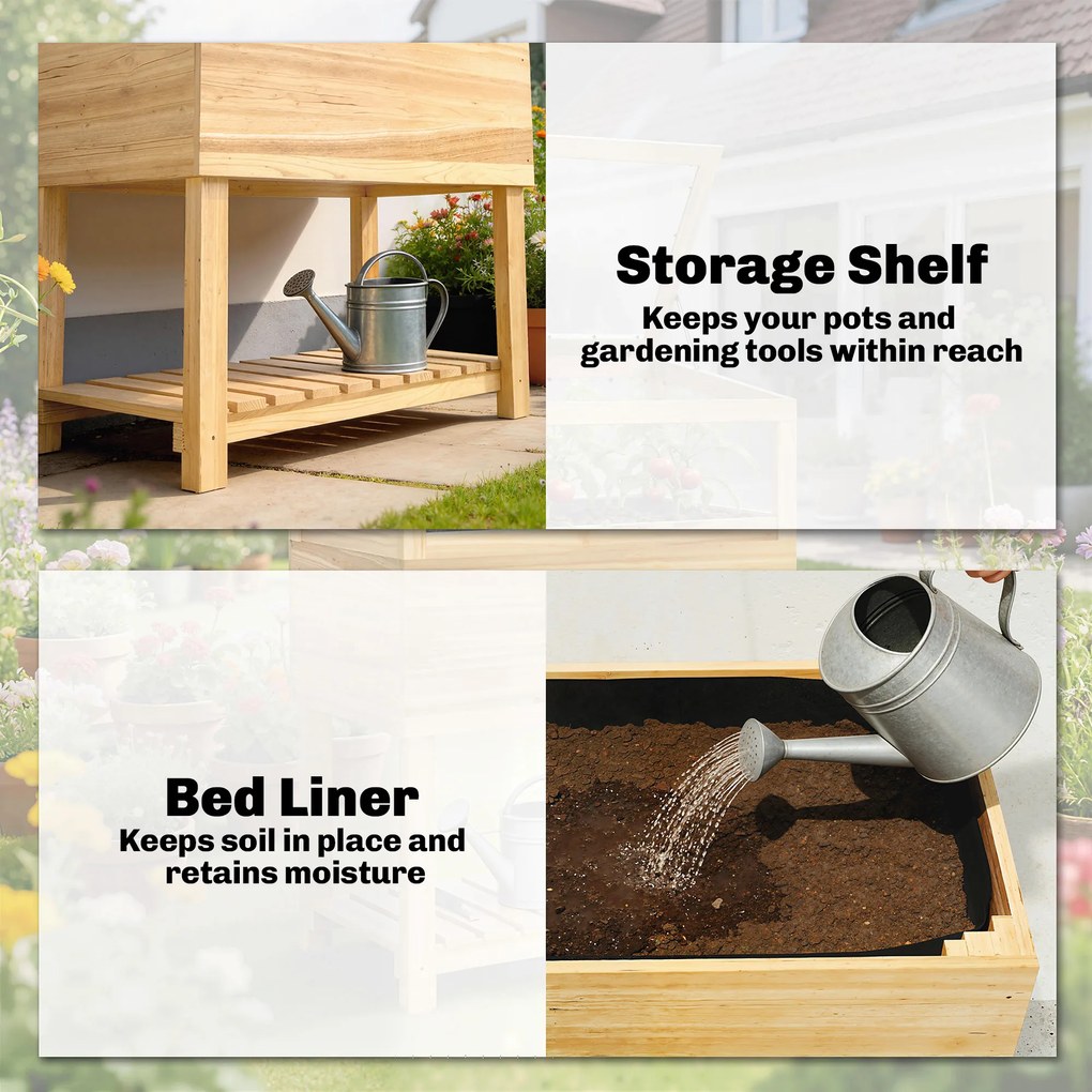 Outsunny Podwyższona grządka z inspektem z drewna, podwyższony doniczkowiec z otwieraną pokrywą, półką, włókniną, ergonomiczny | Aosom PL