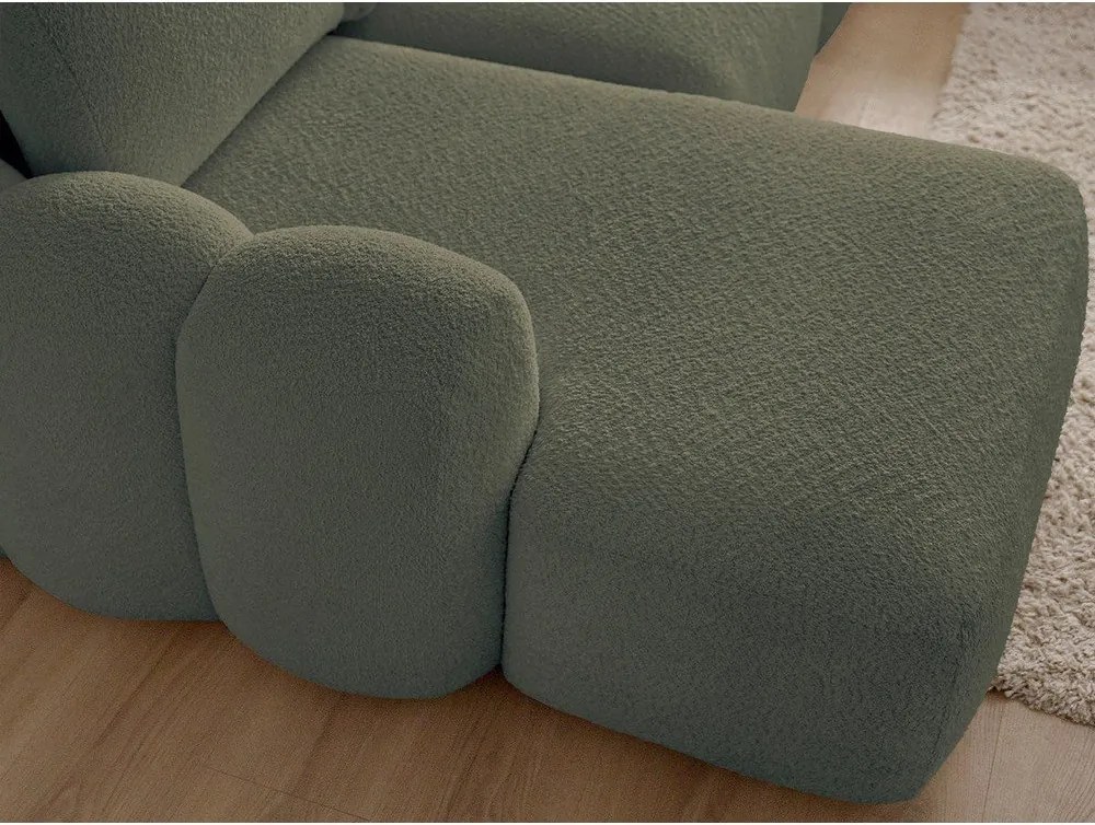 Zielony rozkładany narożnik z materiału bouclé ze schowkiem (lewostronny/z szezlongiem) Montaigne – Bobochic Paris