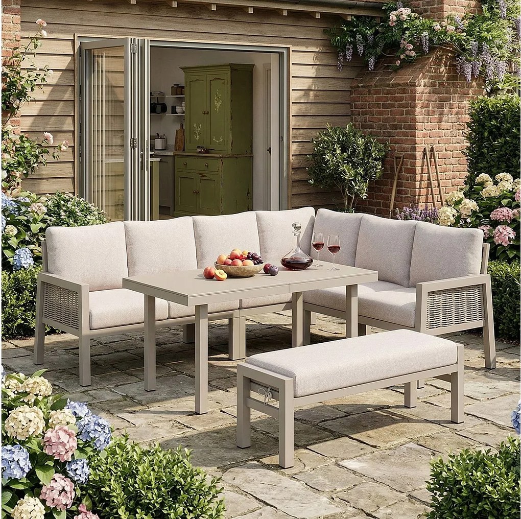 Zestaw mebli ogrodowych 8-osobowy - z narożnikiem + stolikiem kawowym + ławką - linka pleciona PE - metal - khaki