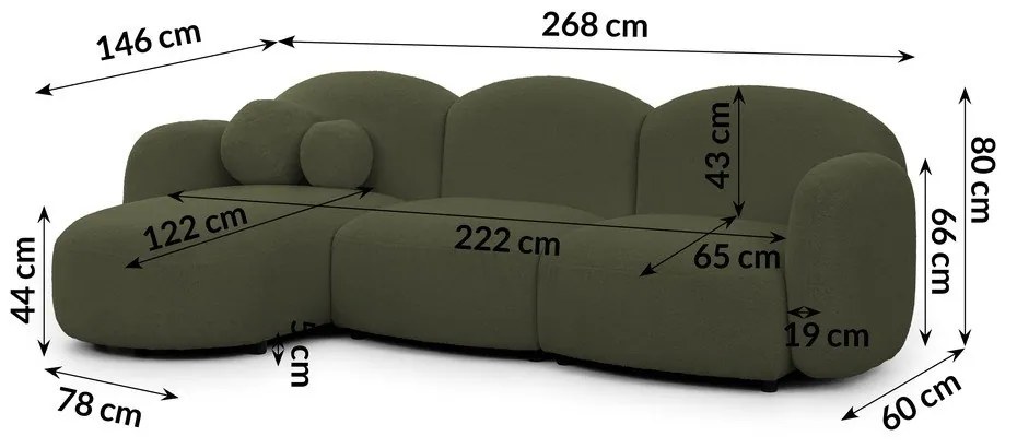 Zielony narożnik z materiału bouclé (lewostronny/z szezlongiem) Orbit – Ropez