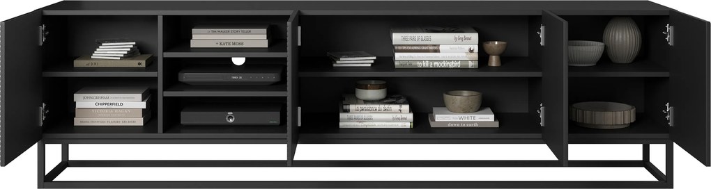 Szafka RTV Asha 200 cm ryflowana z wnęką i metalowym stelażem - czarny mat