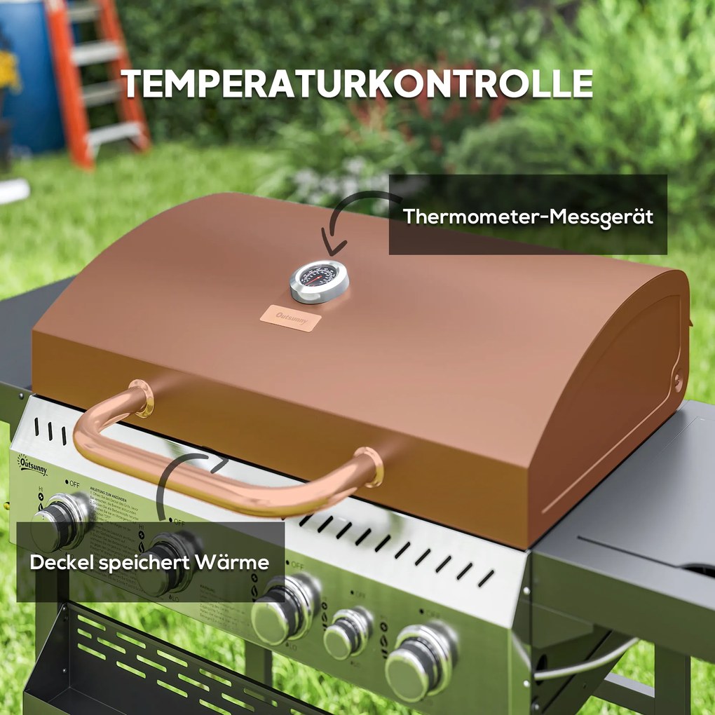 Outsunny Grill Gazowy BBQ, 4 Główne Palniki, 1 Boczny Palnik, 1 Płyta Do Podgrzewania; 135 x 55 x 103 cm, Czarny