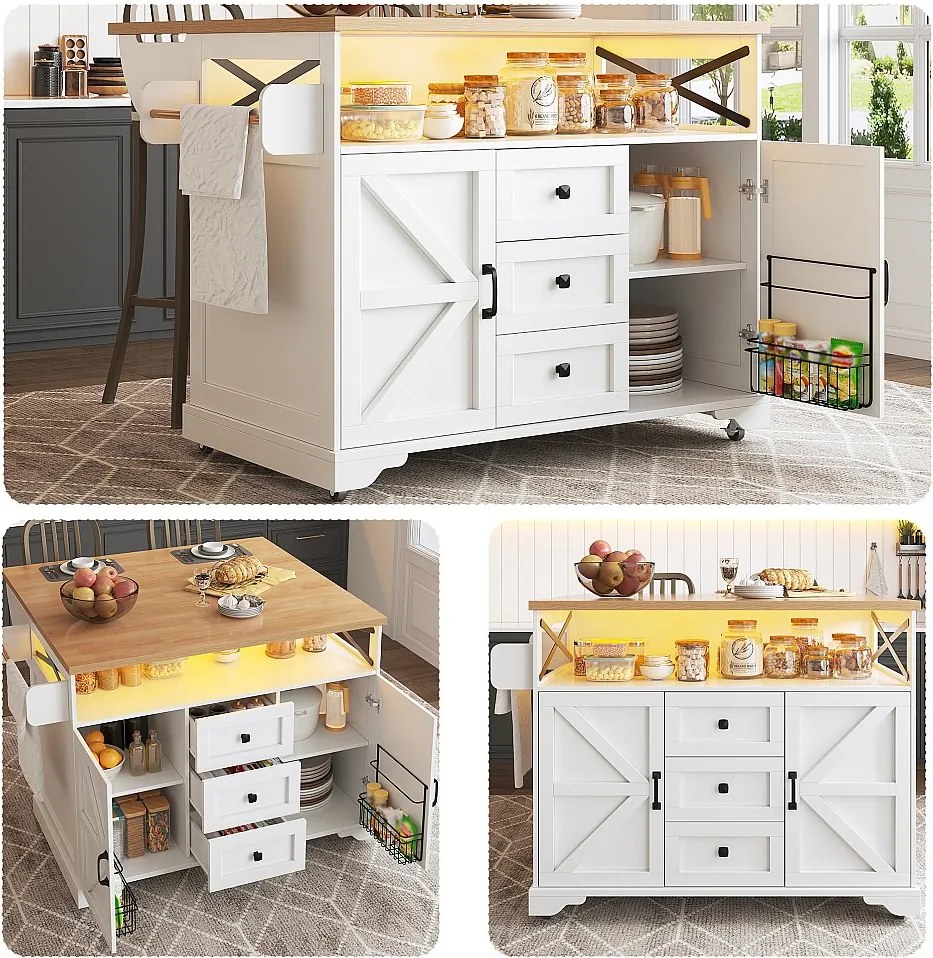 Wyspa kuchenna na kółkach ze składanym stołem - 120 x 43/71,5 cm x 98 cm - z diodami LED + 2 drzwi + 3 szuflady - MDF - biała