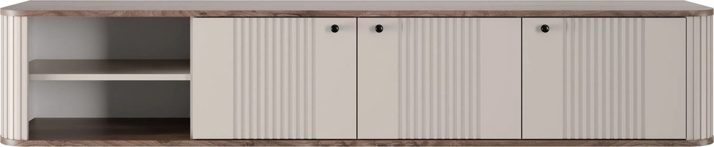 Szafka RTV wisząca Vesper 187 cm trzydrzwiowa - kaszmir / orzech / czarne uchwyty