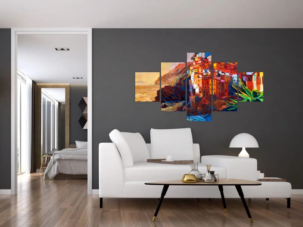 Obraz - Wieś na wybrzeżu Cinque Terre, Włoska Riviera, nowoczesny impresionism (125x70 cm)