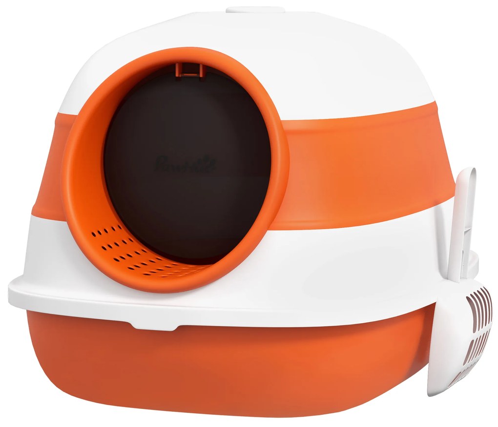 PawHut Kuweta dla Kota z Pokrywą i Łopatką, dla Kotów do 5 kg, 52x41x38 cm, Biały/Pomarańczowy