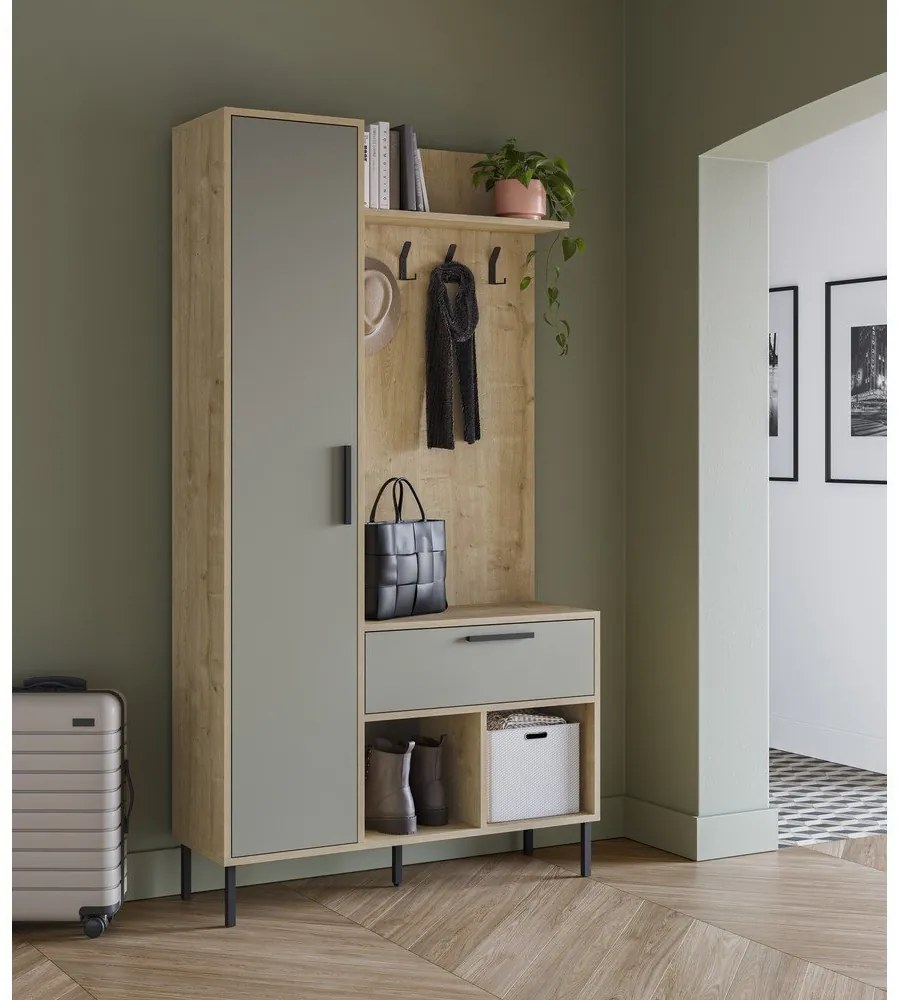 Zielono-naturalny zestaw do przedpokoju w dekorze dębu 108x195x35 cm Heidy – Marckeric