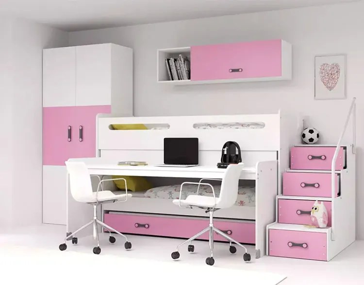 Biało-różowe łóżko piętrowe dla dziewczynek z biurkiem P6-D82