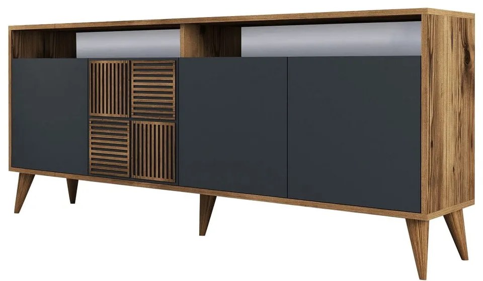 Antracytowa niska komoda w dekorze orzecha 180x79 cm Milan – Kalune Design