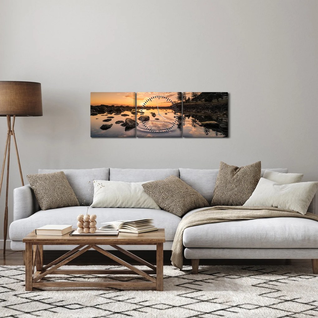 Obraz - Zachód słońca nad jeziorem (z zegarem) (90x30 cm)