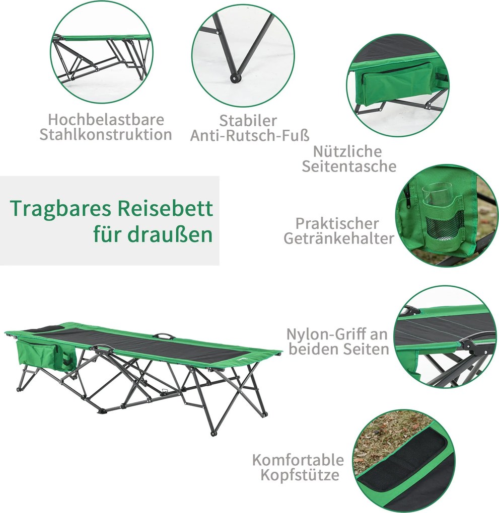 Składane Łóżko Campingowe Outsunny z Boczną Kieszenią i Uchwytem na Napój, Nośność do 136 kg, Stal i Oxford, Zielony+Czarny, 190 x 65 x 40 cm