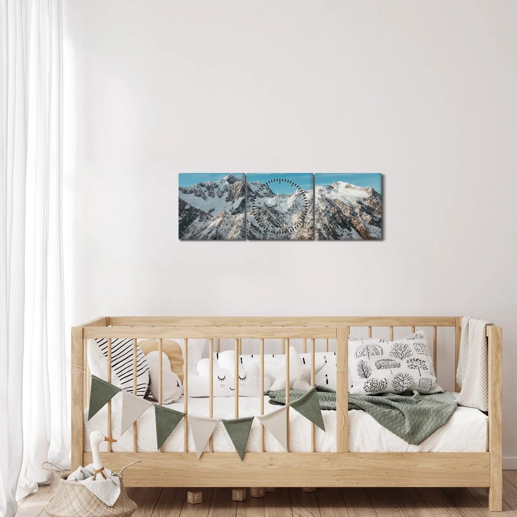 Obraz ośnieżonych szczytów, Fiordland (z zegarem) (90x30 cm)