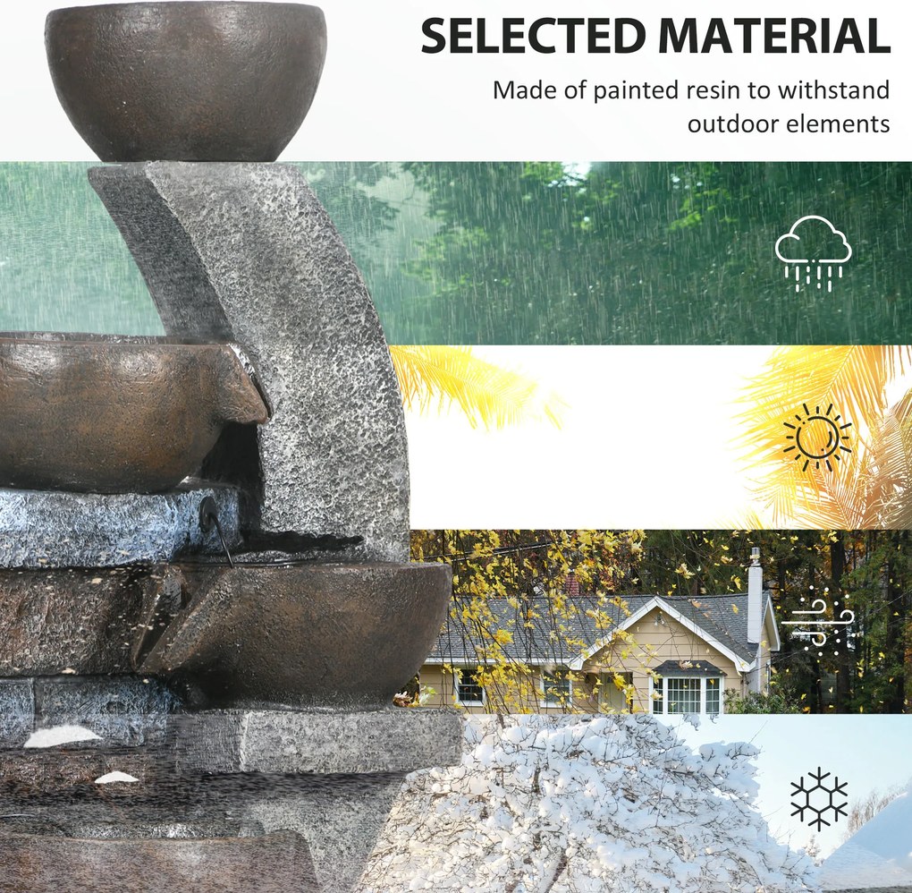 Outsunny Fontanna Ogrodowa, Styl Ceglanym, 5-stopniowa, Zasilana Słonecznie, Diodami LED, 107cm, Żywica Syntetyczna, Szary/Brąz