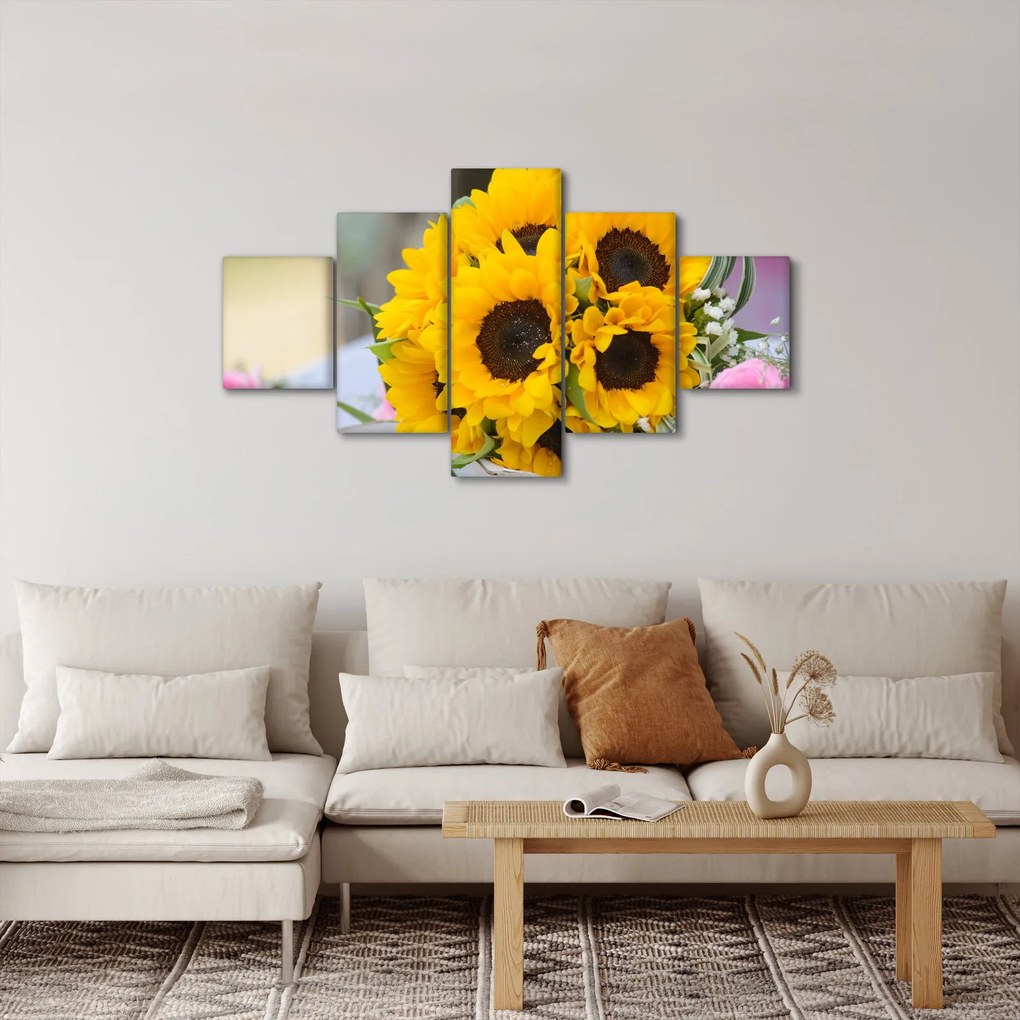 Obraz bukietu ślubnego ze słoneczników (125x70 cm)