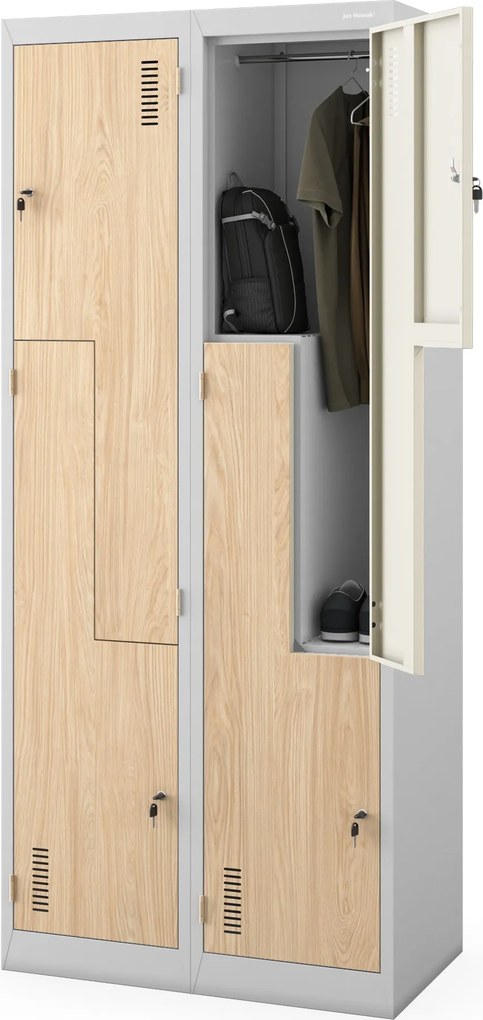 Szafa socjalna ubraniowa typu L, czterokomorowa, szara/dąb sonoma, 800x1850x450 mm: JULIA Eco Design