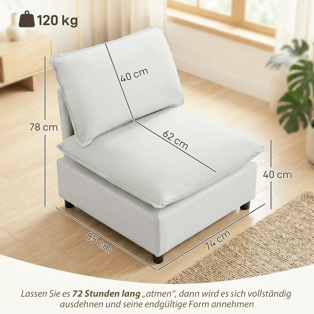 HOMCOM Fotel akcentowy, nowoczesny fotel Leathaire z szerokim i głębokim siedziskiem, grube poduszki, łatwy montaż, szary | Aosom PL