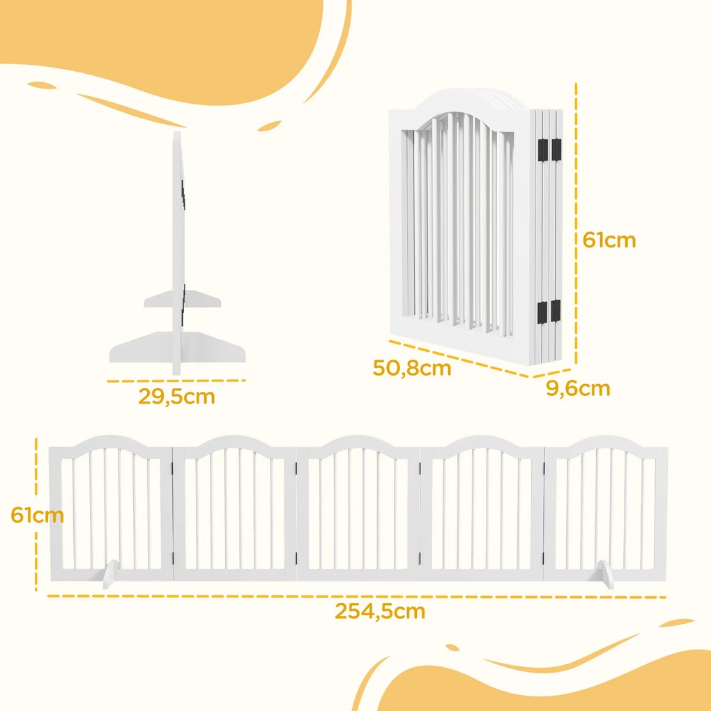 PawHut Składana bramka dla psów 5 paneli elastyczna drewniana biała 2545x295x61 cm | Aosom PL