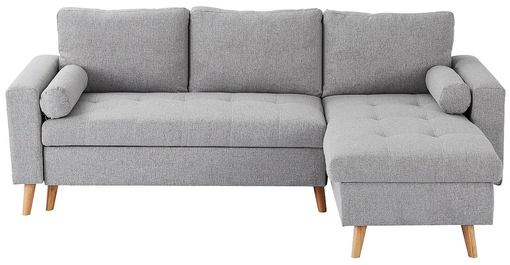 Kanapa narożna rozkładana i dwustronna z tkaniny w kolorze jasnym szarym z pojemnikiem do przechowywania – KORI