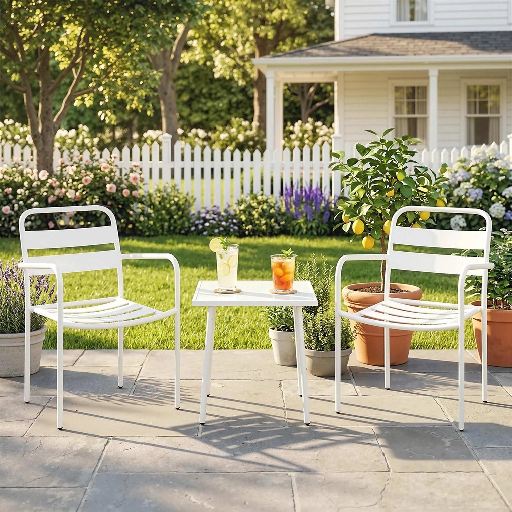 Outsunny Zestaw bistro 3-częściowy metalowy zestaw mebli ogrodowych z 2 krzesłami, stołem, design lamelowy, odporny na rdzę | Aosom PL