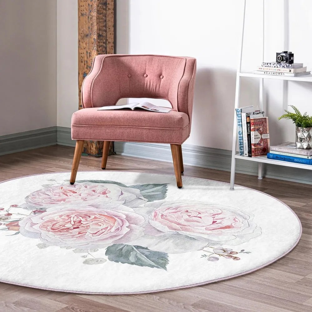 Biało-różowy okrągły dywan odpowiedni do prania i robotów sprzątających ø 120 cm Comfort – Mila Home