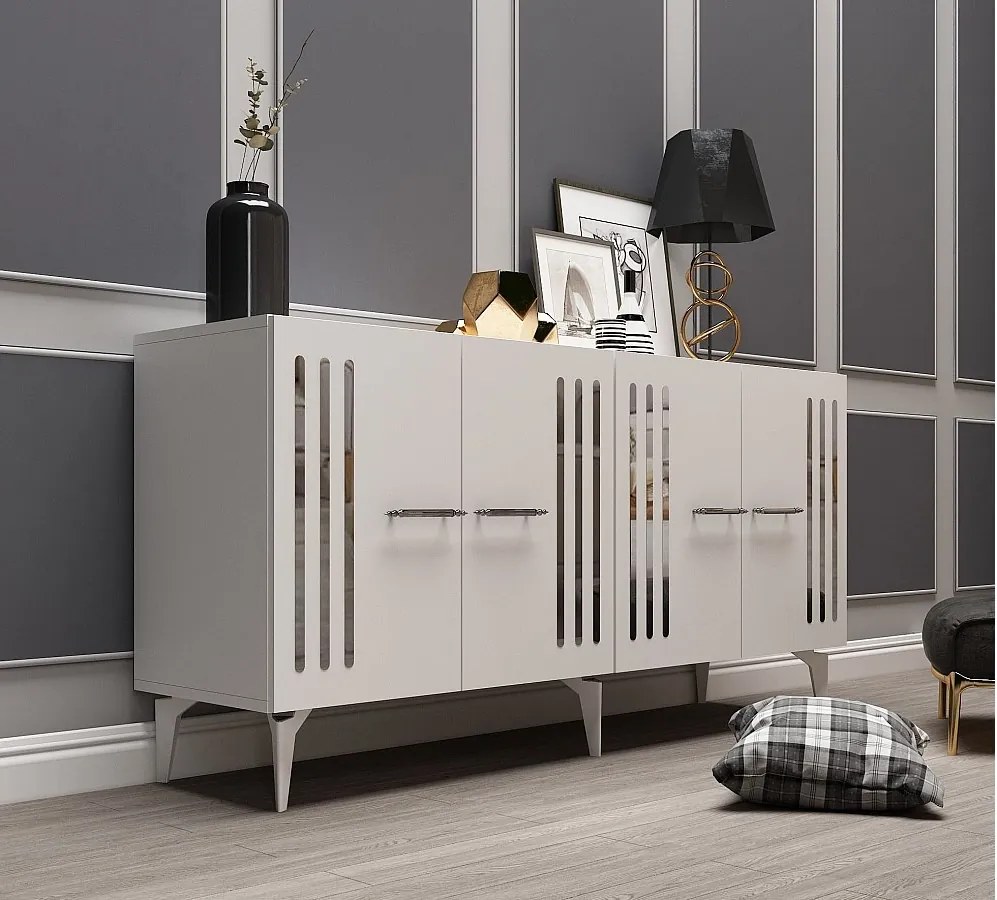 Komoda – 150 cm – Biały/Srebrny – Płyta wiórowa pokryta melaminą