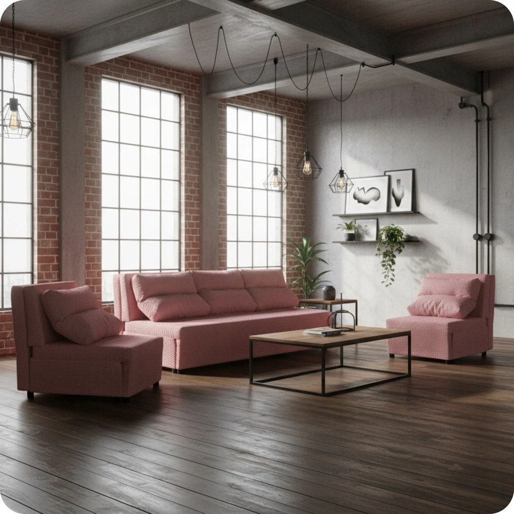 Zestaw KIMO funkcja spania sofa fotele Family Meble c. róż Twisster sztruks