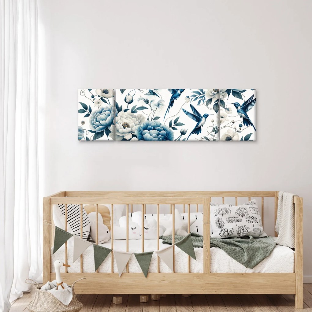 Obraz - Kolibry z kwiatami (170x50 cm)