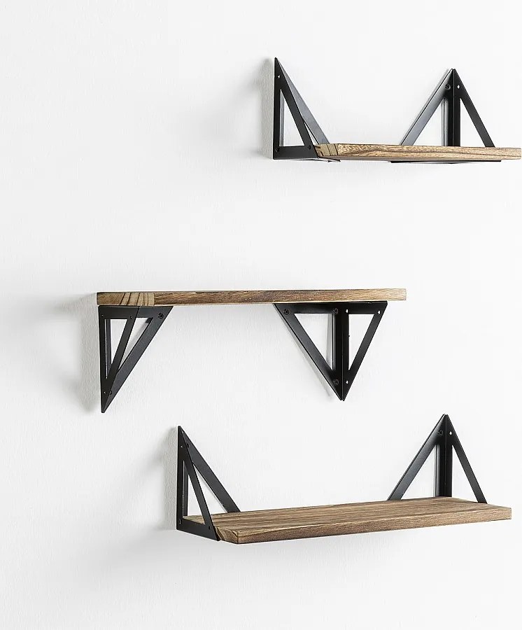 Zestaw trzech półek ściennych Colummn w kolorze czarnym metalu i drewnie paulowniowym.