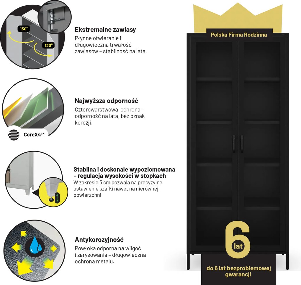 Witryna szklana do salonu metalowa czarna ANGELO Modern 800 x 1850 x 450 mm