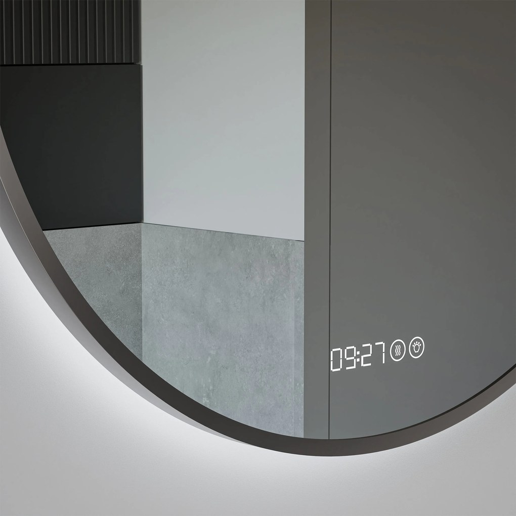 Lustro podświetlane LED 8232 - 2.0 okrągłeAluminiowa ramka - Czarny mat - Przeciwmgielny - Cyfrowy zegar