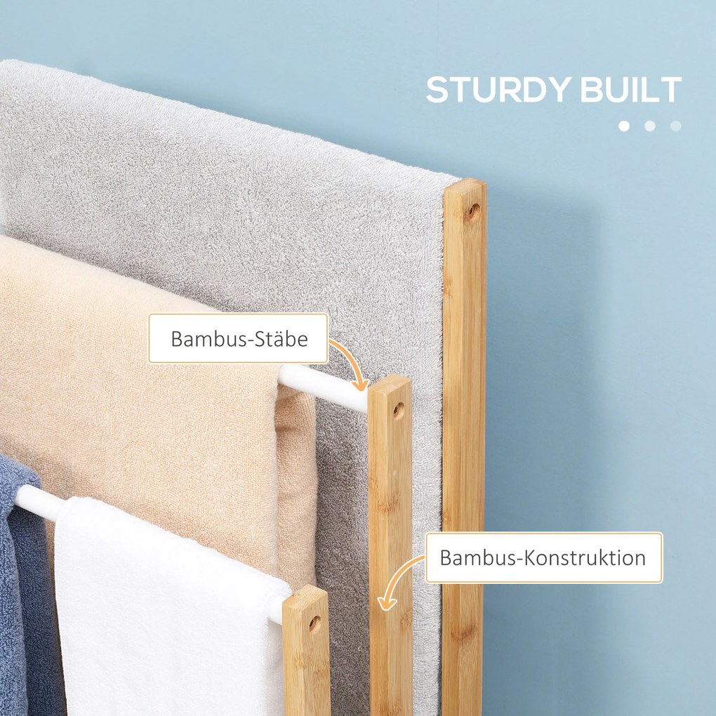 Wieszak na Ręczniki HOMCOM z Bambusa, 3-poziomowy, 3 Drążki, 48 x 25,8 x 94 cm, Naturalny + Biały