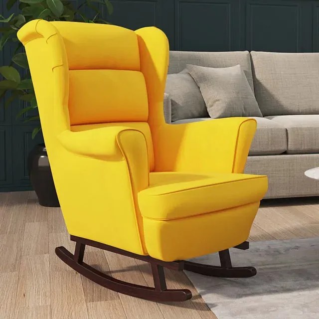 Żółty tapicerowany fotel bujany w stylu uszak S9-P04