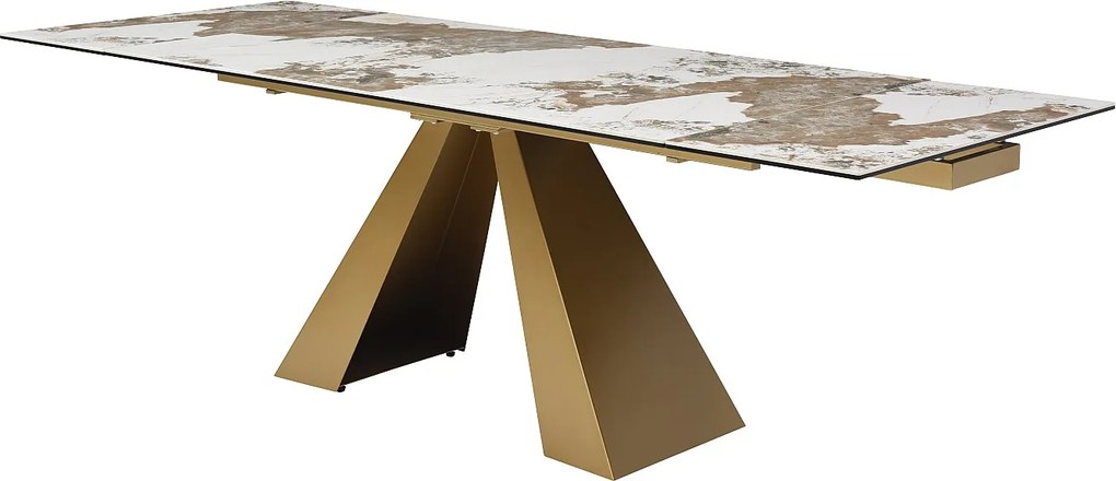 Stół do jadalni rozkładany dla 6 do 10 osób ze szkła hartowanego, ceramiki i złotego metalu - Efekt białego marmuru i taupe - LOZIPA marki Maison Céphy