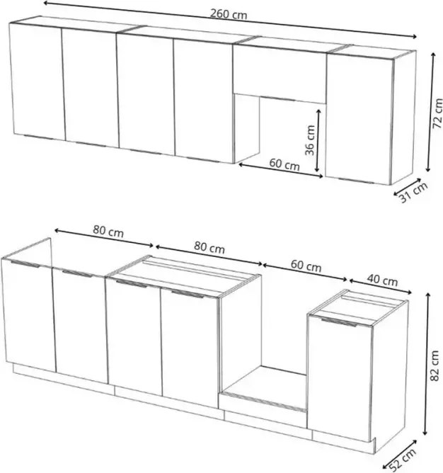 Loseo IV – kuchnia modułowa 260 cm w kolorze kaszmir / dąb artisan z czarnymi uchwytami